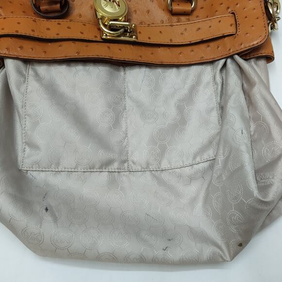 Michael Kors Hamilton Brown Leather Ostridge Embossed Lock Satchel Shoulder Bag - Picture 13 of 16